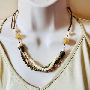 Lizou BOHO Leather Necklace Collar Pearl Beaded Glass Multi strand Designer 19"L